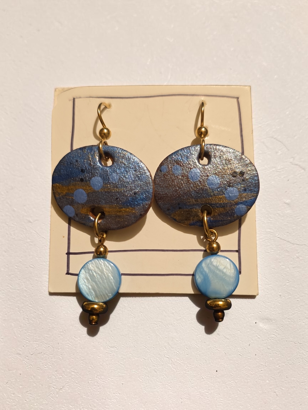 Handmade Blue Dot Drop Earrings - Gold Accent
